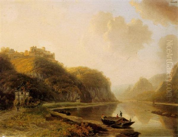 A Tranquil River Landscape At Dusk With Figures On A Boat In The Foreground Oil Painting by Willem De Klerk