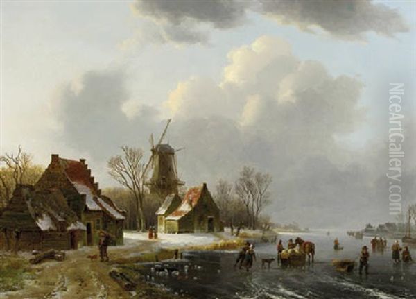 A Winter Landscape With Peasants On A Frozen Waterway, With Farmhouses And A Windmill Beyond Oil Painting by Willem De Klerk