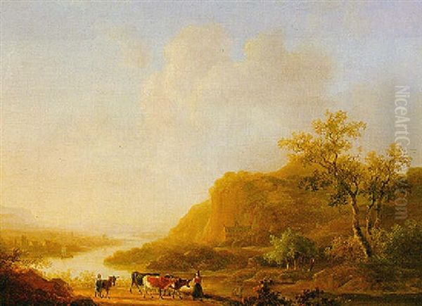 Cowherds In A River Landscape Oil Painting by Willem De Klerk