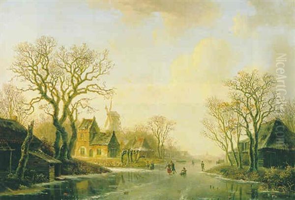 Wintelandschap Met Schaatsers Op Een Vaart Oil Painting by Willem De Klerk