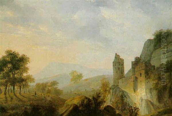 Figures With Their Mules On A Mountain Track Before A Castle Oil Painting by Willem De Klerk