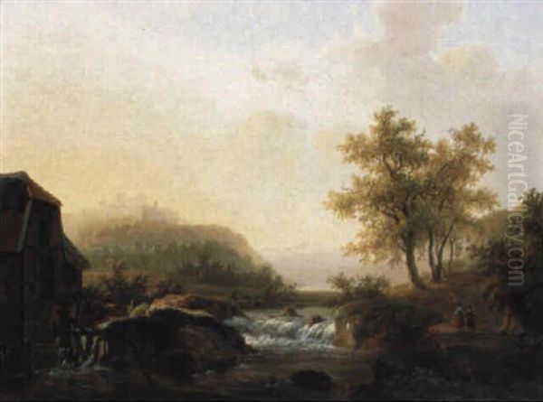 A Wooded River Landscape With Figures By A Watermill Oil Painting by Willem De Klerk