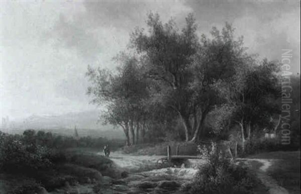 Wooded Hilly River Landscape With Travellers On A Path Oil Painting by Willem De Klerk