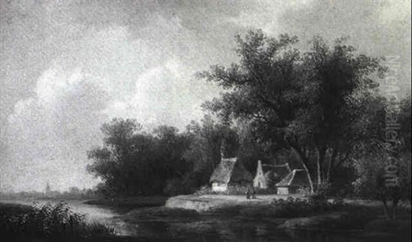 Landscape/ View With Cottages On The Banks Of A River Oil Painting by Willem De Klerk