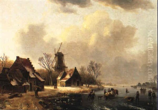 Winter Landscape With Figures On A Frozen River by Willem De Klerk