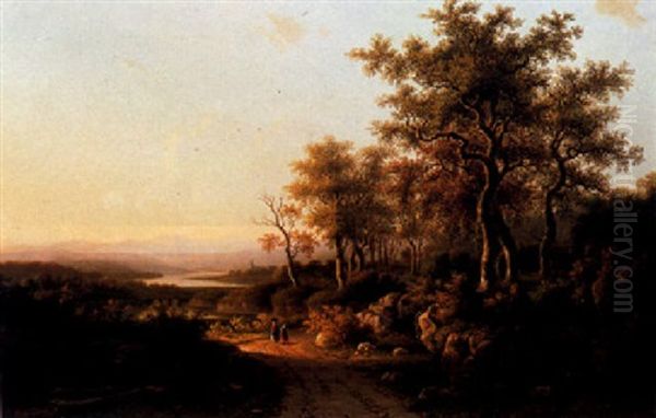 An Extensive Rhine Landscape With Figures On A Path Oil Painting by Willem De Klerk