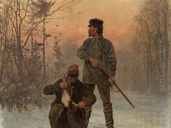 Hunters In The Snow Oil Painting by Fritz Von Kleudgen