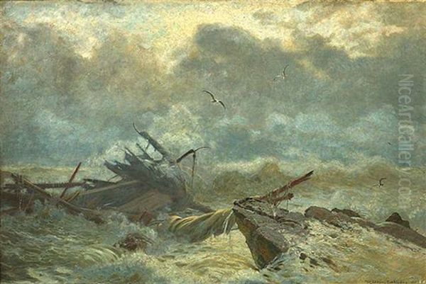 Schiffswrack In Tosender See Oil Painting by Fritz Von Kleudgen