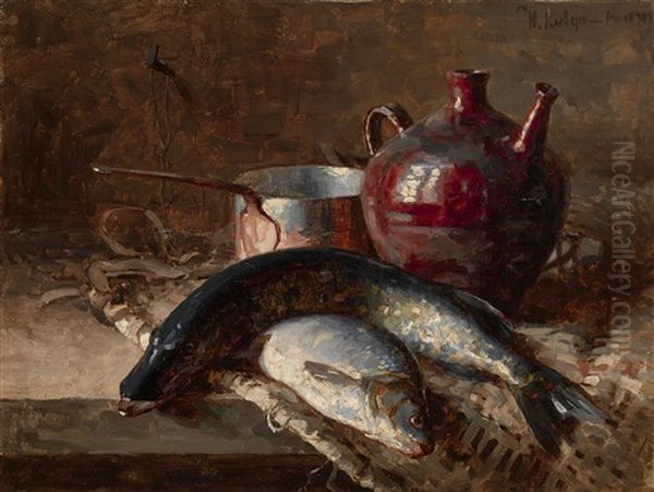 Still Life With Fish Oil Painting by Yuliy Yulevich Klever the Younger