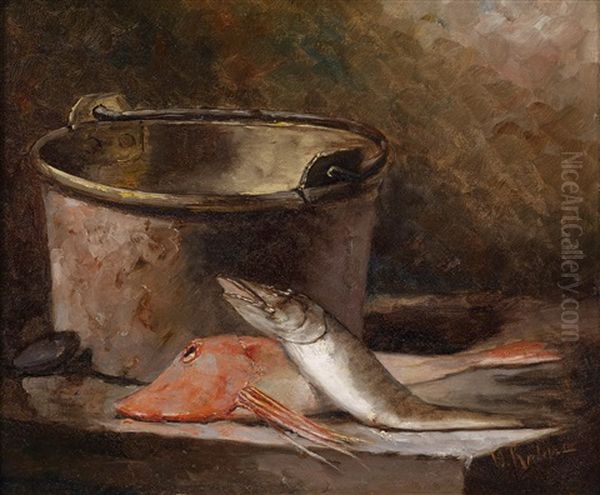 Stillleben Mit Fischen Und Kupferkessel Oil Painting by Yuliy Yulevich Klever the Younger