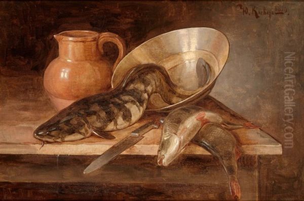 Still Life With Fish Oil Painting by Yuliy Yulevich Klever the Younger