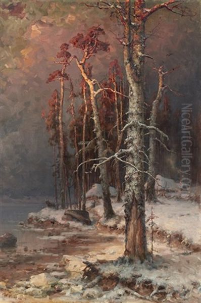 A Forest Settlement On Lake Peipus In Winter Oil Painting by Yuliy Yulevich Klever the Younger