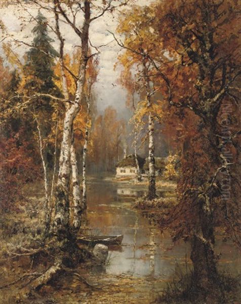 A Woodland Cottage Oil Painting by Yuliy Yulevich Klever the Younger