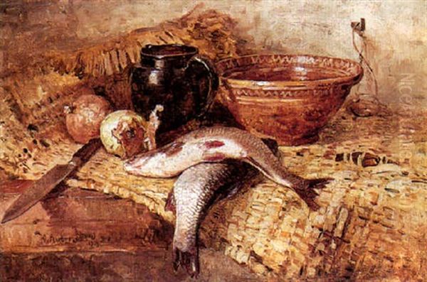 Still Life With Fish Oil Painting by Yuliy Yulevich Klever the Younger