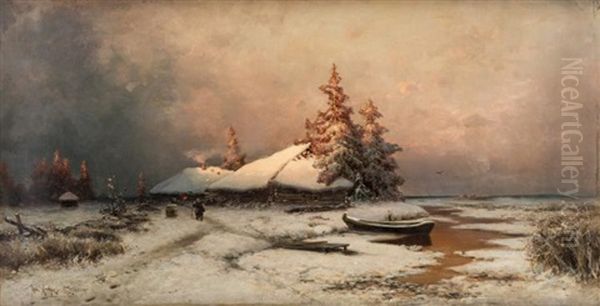 Hut At Winter Twilight Oil Painting by Yuliy Yulevich (Julius) Klever