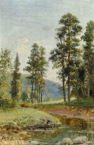 Russian Spring Landscape With Tall Trees Near A Serpentine Stream Oil Painting by Yuliy Yulevich (Julius) Klever