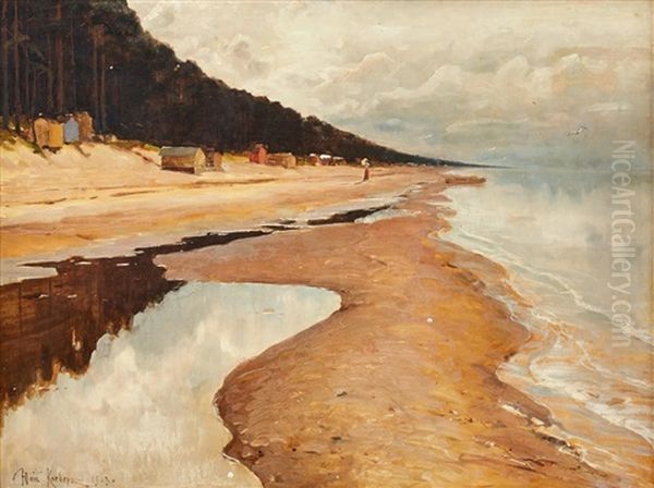 Woman Walking On A Stretched Beach Oil Painting by Yuliy Yulevich (Julius) Klever