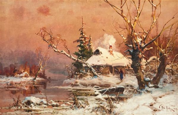 Winter Landscape With A Cottage By The Lake Oil Painting by Yuliy Yulevich (Julius) Klever