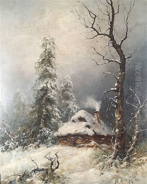 Cabin In A Snowy Landscape Oil Painting by Yuliy Yulevich (Julius) Klever