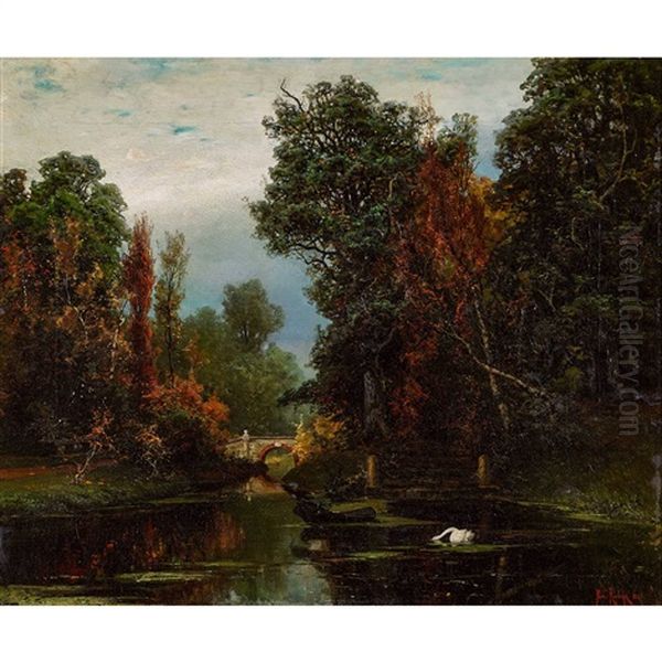 Idyllic River Landscape With Swan Oil Painting by Yuliy Yulevich (Julius) Klever