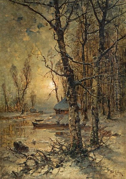 A Winter Evening In The Birch Wood Oil Painting by Yuliy Yulevich (Julius) Klever