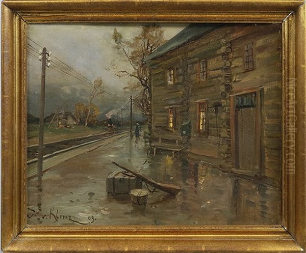 Abendstimmung An Einem Russischen Bahnhof Mit Heranfahrendem Zug Oil Painting by Yuliy Yulevich (Julius) Klever