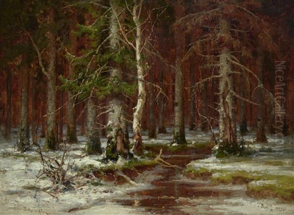 In The Depth Of A Pine Forest (collab. W/studio) Oil Painting by Yuliy Yulevich (Julius) Klever