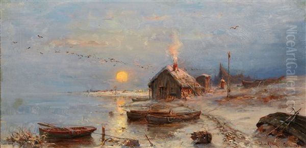 A Fishing Village On The Baltic Coast Oil Painting by Yuliy Yulevich (Julius) Klever