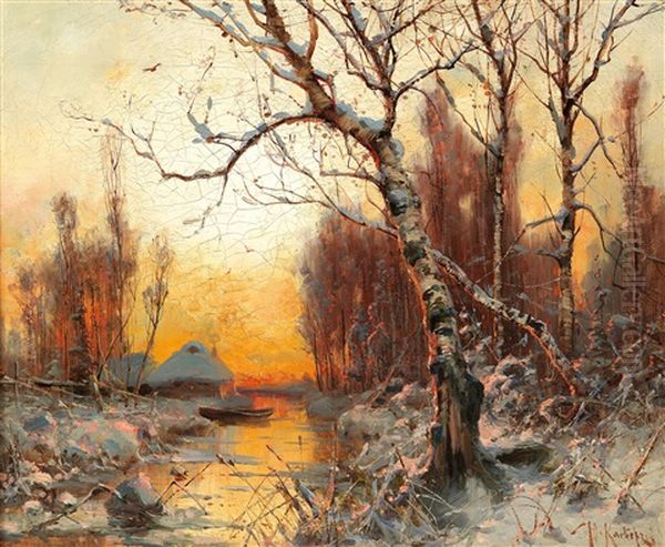 Winter Landscape With Birch In The Evening Light Oil Painting by Yuliy Yulevich (Julius) Klever