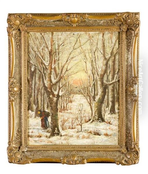 Woman Carrying Wood In Winter Landscape Oil Painting by Yuliy Yulevich (Julius) Klever