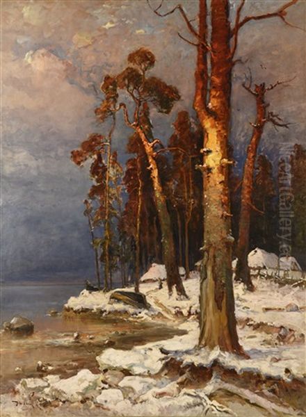 Bord De Lac Enneige Oil Painting by Yuliy Yulevich (Julius) Klever