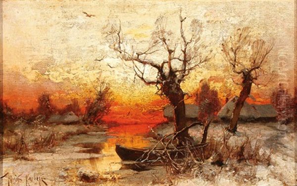 Winter Dusk Scene With Distant Village Oil Painting by Yuliy Yulevich (Julius) Klever