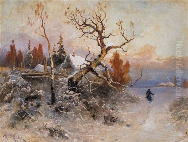 Romantische Winterlandschaft Mit Wanderer Oil Painting by Yuliy Yulevich (Julius) Klever