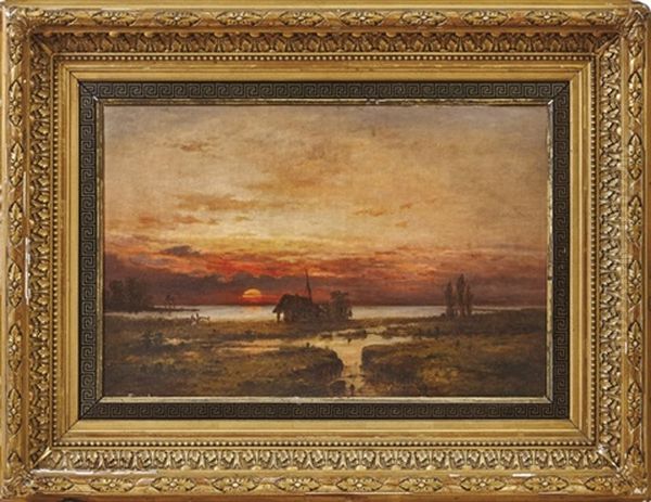 Sonnenuntergang Uber Einem Gehoft Am Wasser Oil Painting by Yuliy Yulevich (Julius) Klever