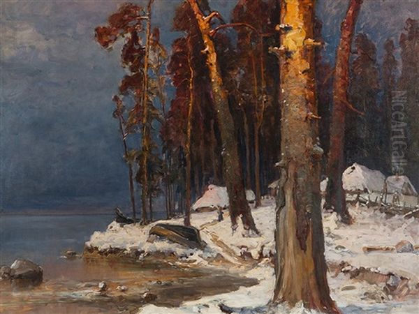 Winter At Lake Peipus Oil Painting by Yuliy Yulevich (Julius) Klever