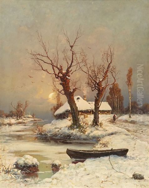 Winter River Landscape In Sunset Oil Painting by Yuliy Yulevich (Julius) Klever