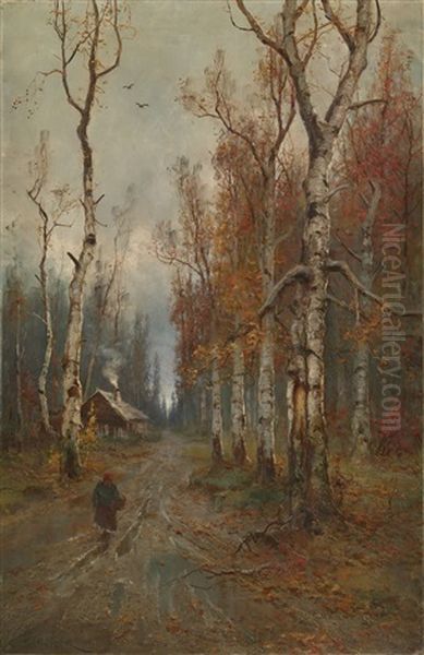 Road In The Forest Oil Painting by Yuliy Yulevich (Julius) Klever