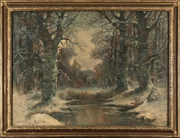 Winter Brook In The Snow Oil Painting by Yuliy Yulevich (Julius) Klever