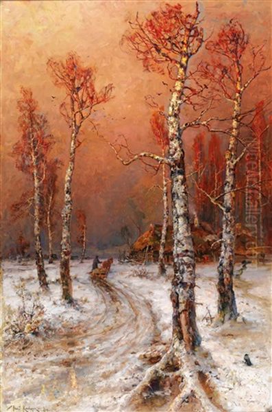 Wintry Atmosphere With Rooks Oil Painting by Yuliy Yulevich (Julius) Klever