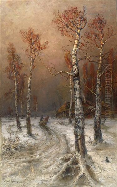 Abendstimmung Uber Einem Verschneiten Birkenwal Oil Painting by Yuliy Yulevich (Julius) Klever