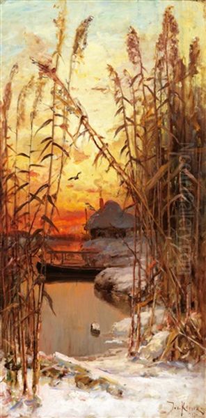 Winter Landscape With Reeds Oil Painting by Yuliy Yulevich (Julius) Klever