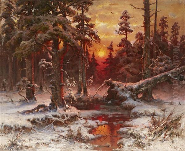 Winter Sunset In A Pine Forest Oil Painting by Yuliy Yulevich (Julius) Klever