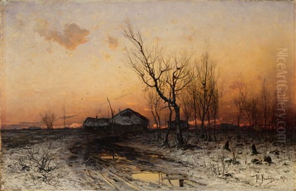 Winter Sunset Oil Painting by Yuliy Yulevich (Julius) Klever