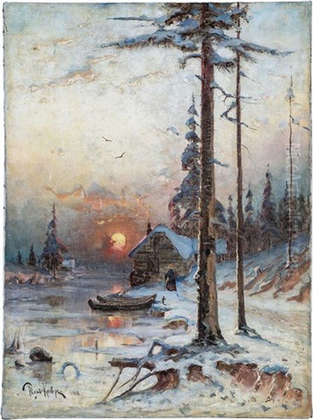 Winterliche Waldlandschaft Im Abendrot Oil Painting by Yuliy Yulevich (Julius) Klever