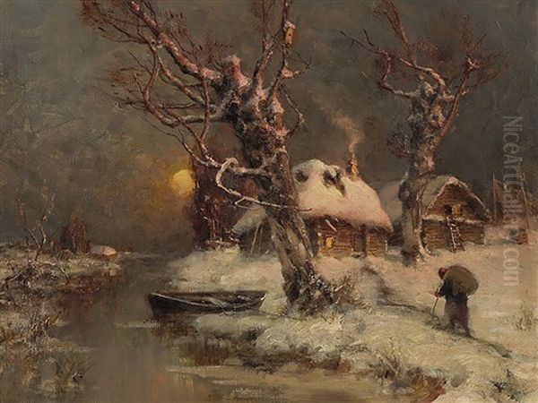 Wintry River Landscape Oil Painting by Yuliy Yulevich (Julius) Klever