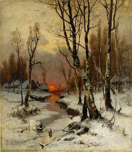 Sunset In The Forest In Winter Oil Painting by Yuliy Yulevich (Julius) Klever