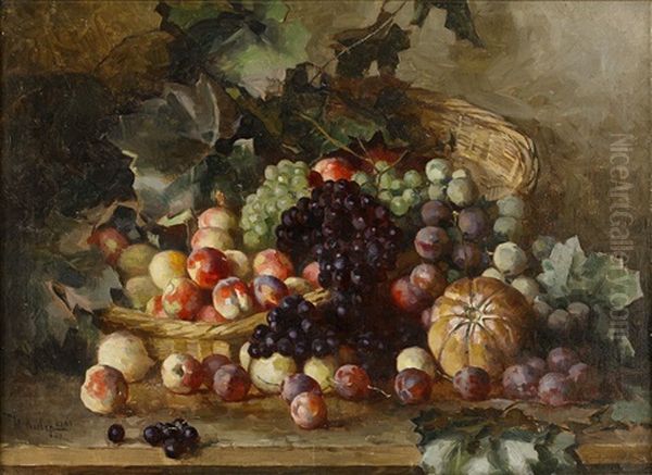 Still Life With A Basket Of Fruits And Vine Leaves Oil Painting by Yuliy Yulevich (Julius) Klever