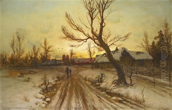 Winter Landscape At Sunset (collab. W/studio) Oil Painting by Yuliy Yulevich (Julius) Klever