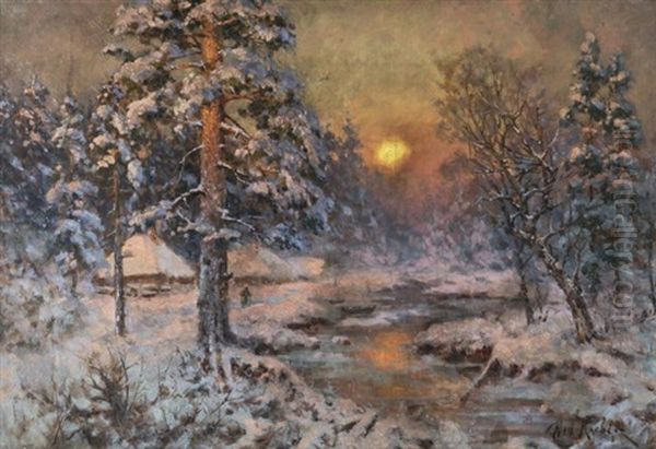 Winter Scene Oil Painting by Yuliy Yulevich (Julius) Klever