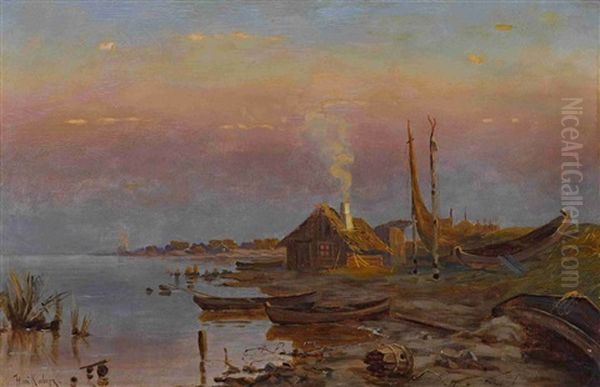 Abendliche Uferlandschaft Mit Fischerhutten Oil Painting by Yuliy Yulevich (Julius) Klever